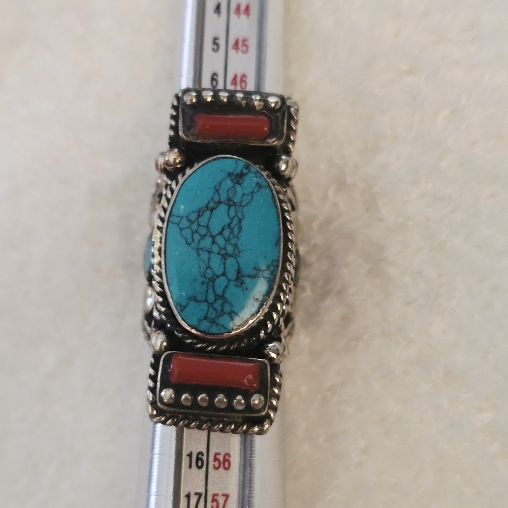 Turquoise and Red Coral Stone Silver Ring Very Well Made, Heavy